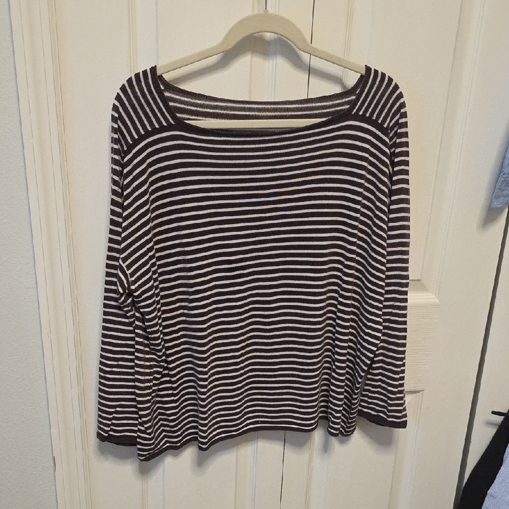 Eileen Fisher Striped Brown and White Women's Cotton Top XL